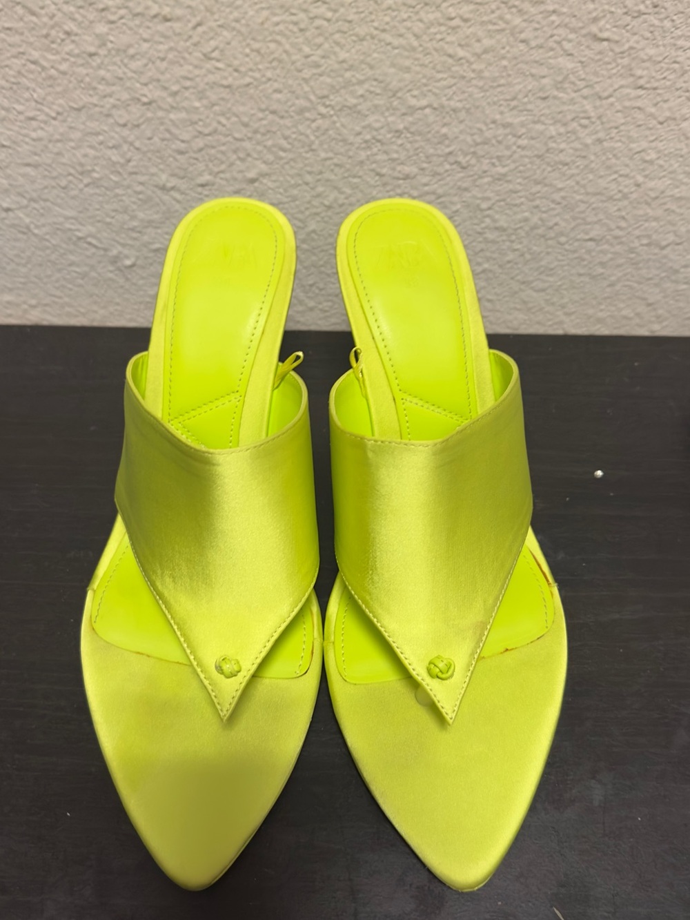 Zara Neon Yellow Satin Pointed Toe Mule